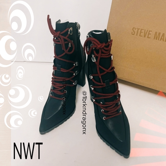 NWT Black Red Lug Sole Block Heel Lace Up Illusion Booties Boot Boots - Picture 10 of 16